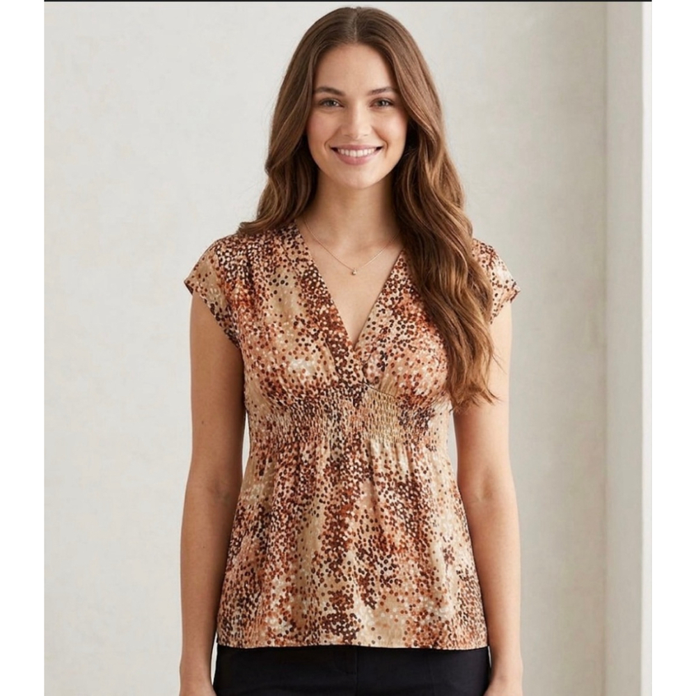 NEW YORK AND COMPANY Size L Brown and Pink Polka Dut Blouse